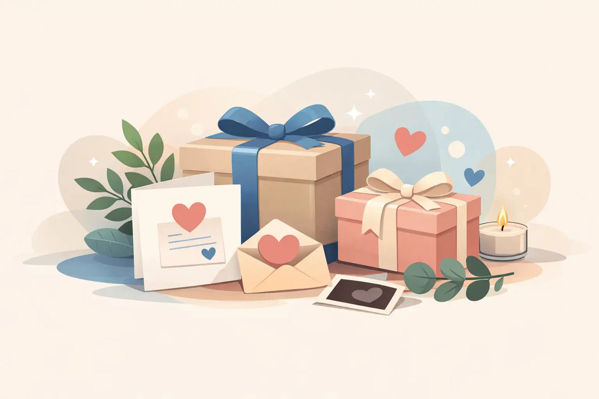 Geschenkboxen mit Grußkarte, die Nähe zeigen